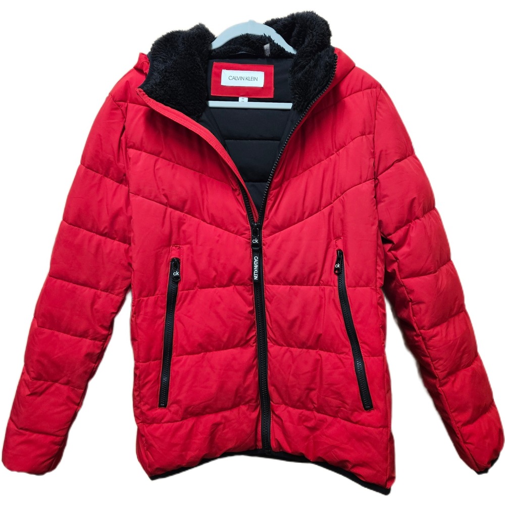 NWT Calvin Klein Mens Red/Black Insulated Puffer Jacket Sherpa Lined Hood Medium